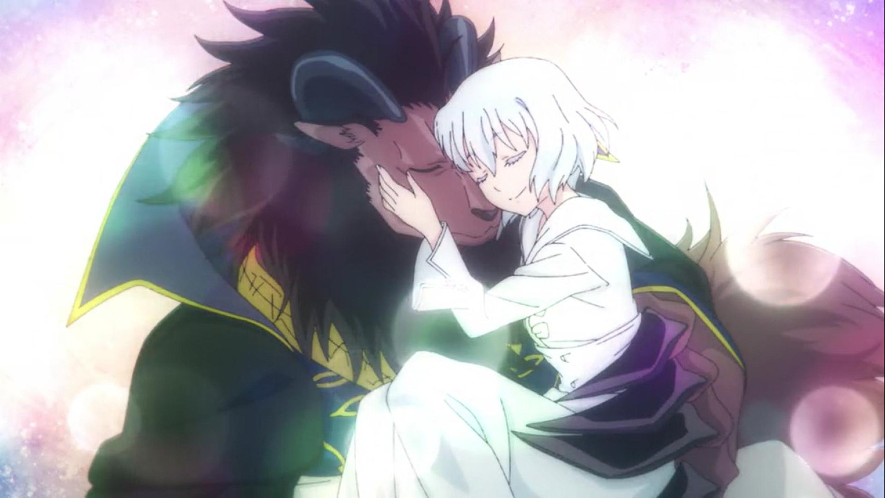 A large, extremely fluffy, anthropomorphic man holds a small woman tenderly in his arms.